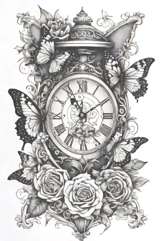 clock hourglass butterfly floral  tattoo design idea