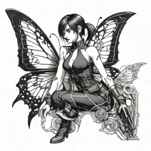 Ada Wong Character From Resident Evil 4 Remake Leaning Back With A Mechanical Butterfly Around Her Tattoo Idea tattoo design idea