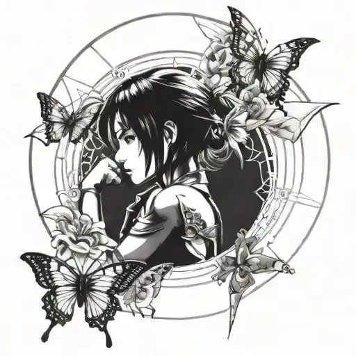 Ada Wong Character Resident Evil 4 Remake Leaning Back With A Mechanical Butterfly Behind Her In A CircleTattoo Idea tattoo design idea