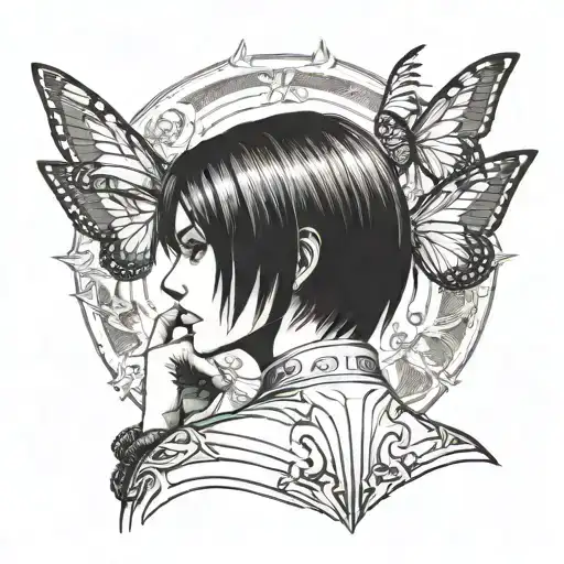 Ada Wong Character Resident Evil 4 Remake Leaning Back With A Mechanical Butterfly Behind Her Tattoo Idea tattoo design idea