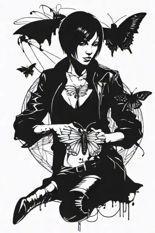Ada Wong Character From Resident Evil 4 Remake Leaning Back With A Mechanical Butterfly Around Her Tattoo Idea tattoo design idea