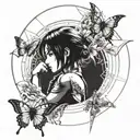 Ada Wong Character Resident Evil 4 Remake Leaning Back With A Mechanical Butterfly Behind Her In A CircleTattoo Idea tattoo design idea