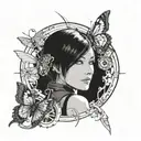 Ada Wong Character Resident Evil 4 Remake Leaning Back With A Mechanical Butterfly Behind Her In A CircleTattoo Idea tattoo design idea