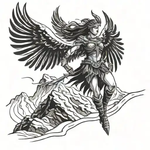 A Valkyrie warrior with wings spread, standing on a snowy mountain peak tattoo design idea
