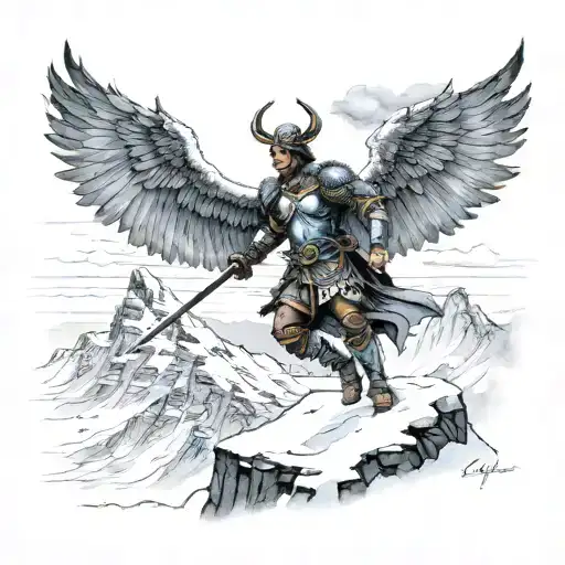 A Valkyrie warrior with wings spread, standing on a snowy mountain peak tattoo design idea