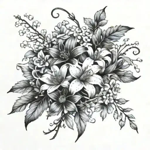 A bouquet of daisy, carnation, lilly of the valley, and holly flowers intertwined with vines tattoo design idea