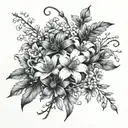A bouquet of daisy, carnation, lilly of the valley, and holly flowers intertwined with vines tattoo design idea
