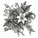 A bouquet of daisy, carnation, lilly of the valley, and holly flowers intertwined with vines tattoo design idea