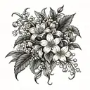 A bouquet of daisy, carnation, lilly of the valley, and holly flowers intertwined with vines tattoo design idea