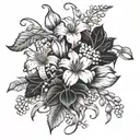A bouquet of daisy, carnation, lilly of the valley, and holly flowers intertwined with vines tattoo design idea