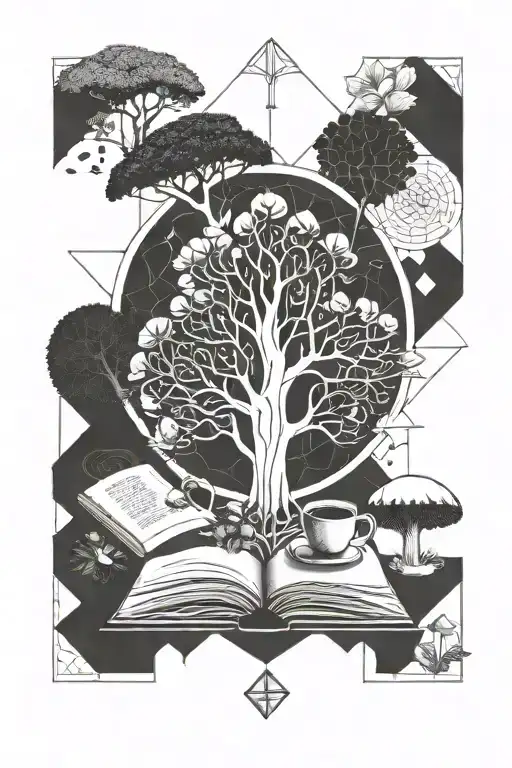 tree of life mushroom geometric plants books coffee tattoo design idea