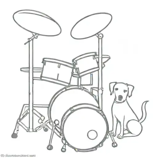 A minimalist tattoo of a drum set with a dog sitting beside it tattoo design idea