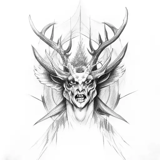 Demon with two pair of torn wings, long tail, deer horns, hooves and scar on left eye tattoo design idea