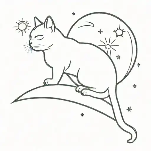 A minimalist tattoo design of a cat basking in the sun, with a subtle moon in the background, symbolizing tranquility and harmony tattoo design idea
