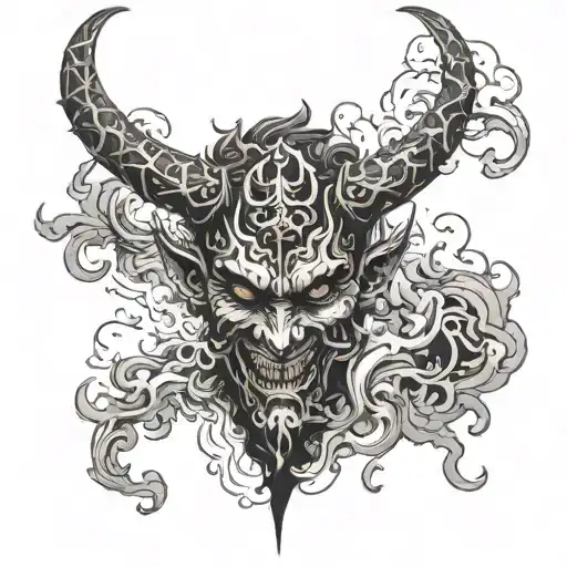 A devil face emerging from a cloud of smoke, with intricate details representing your fascination with the dark and mysterious tattoo design idea
