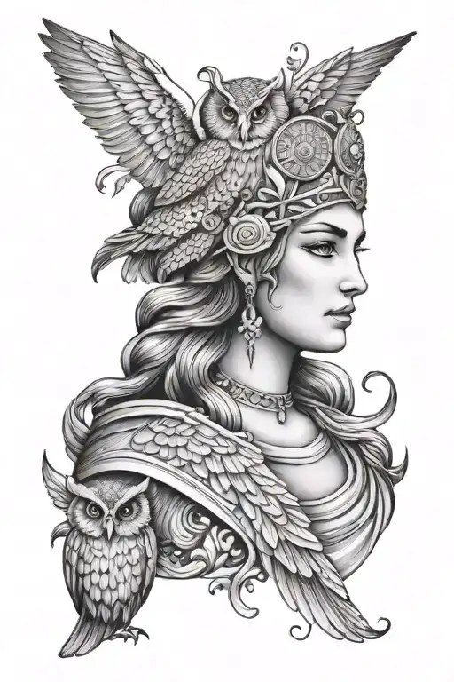 Athena Greek goddess with owl   tattoo design idea