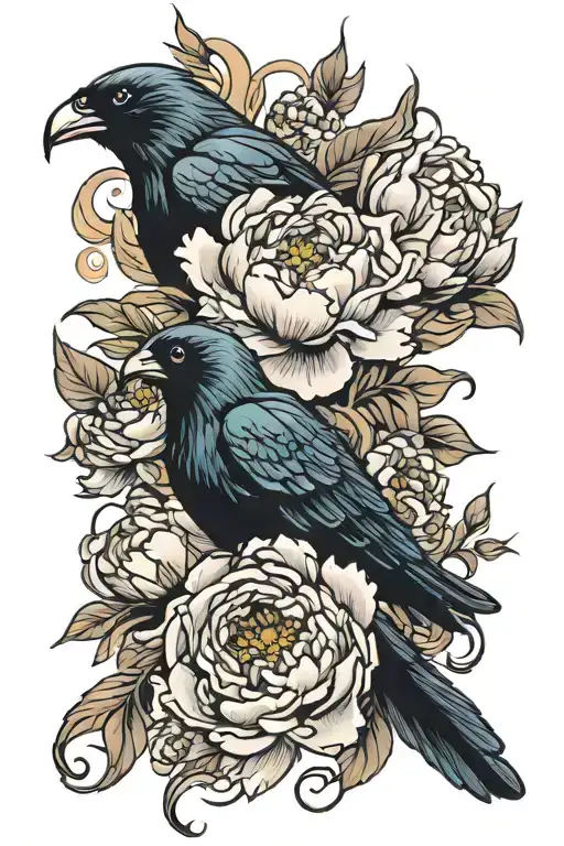 peonies, witchy, raven, color, elegant, art deco arm sleeve tattoo design idea