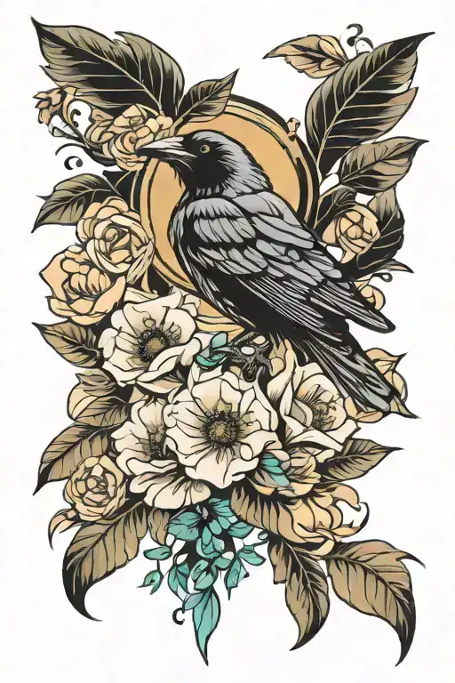 flowers, witchy, raven, color, art deco, elegant sleeve tattoo design idea
