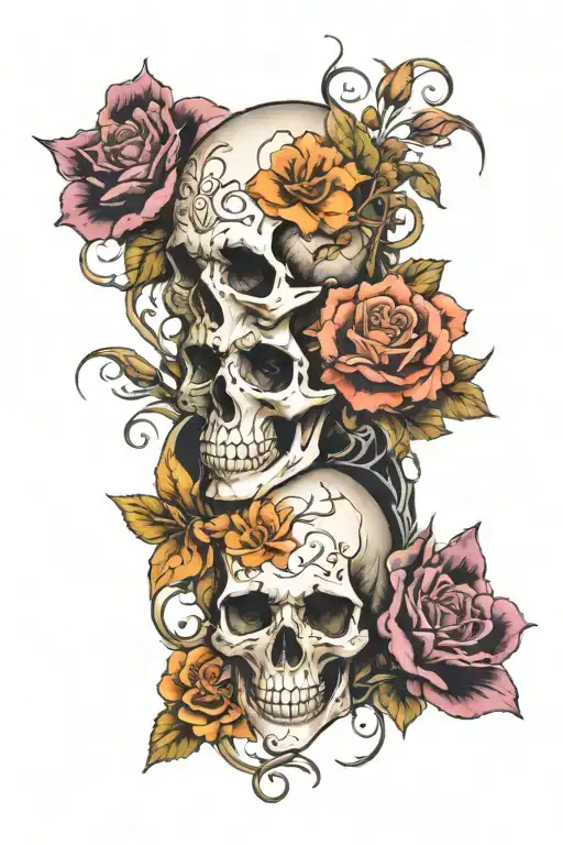 flowers, witchy, skull, color, art deco, elegant sleeve tattoo design idea
