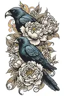 peonies, witchy, raven, color, elegant, art deco arm sleeve tattoo design idea