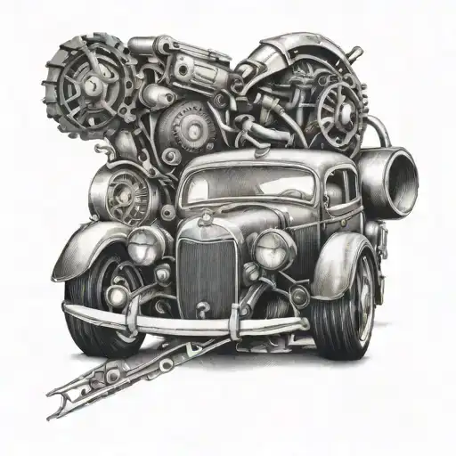 A tattoo design featuring intricate car and motorcycle parts intertwined with welding tools, in a dotwork style tattoo design idea