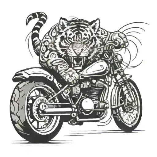 A tattoo design of a fierce tiger roaring while riding a motorcycle, with elements of welding tools in the background, in a blackwork style tattoo design idea