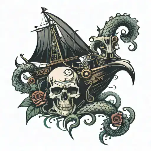 Skull kraken , sunken ship, dead mermaid tattoo design idea