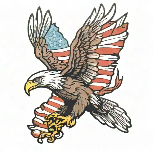 A new-school design of a bald eagle flying over a forest with a flag in its talons tattoo design idea