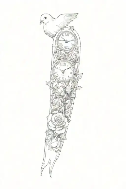 a clock with roses and a dove tattoo design idea
