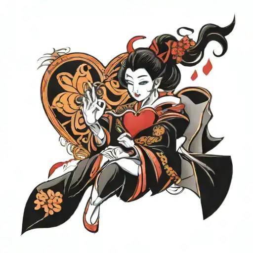 A fierce geisha warrior holding a heart symbolizing love tattoo design idea