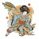 A geisha performing a fierce dance with a background of traditional Japanese symbols of love tattoo design idea