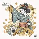 A geisha performing a fierce dance with a background of traditional Japanese symbols of love tattoo design idea