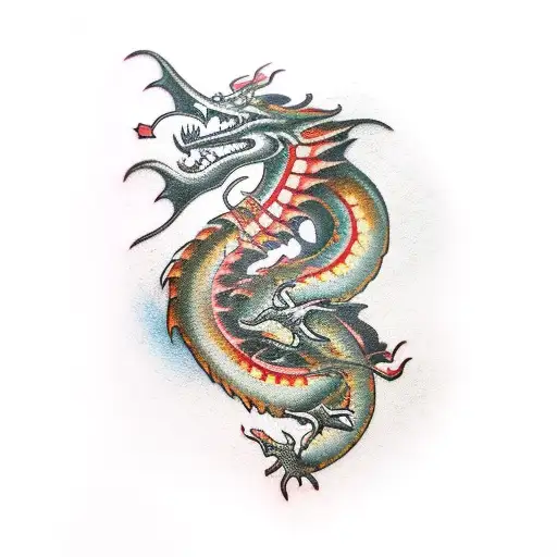 Red and gold Occidental dragon, that goes around the forearm, with the head to the hand side tattoo design idea