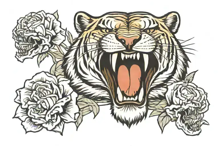 roaring sabertooth tiger head with 2 skulls on each side. include mountain range in background, 2 carnations, 1 rose  tattoo design idea