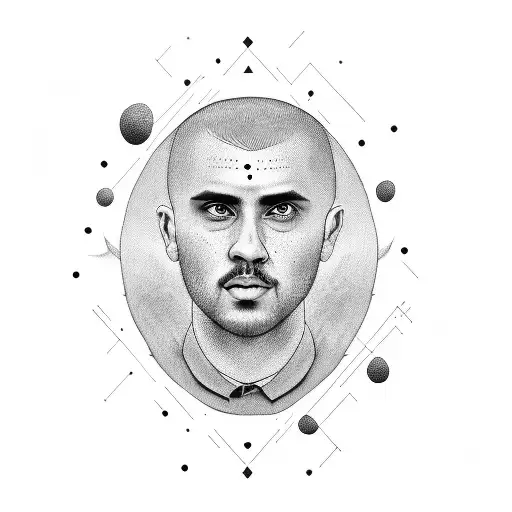 A portrait of Dika Mem, a renowned handball player, surrounded by musical elements. tattoo design idea