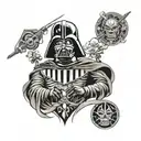 Full Sleeve darth vader kabuki mask surrounded tattoo design idea