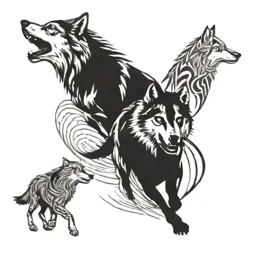 pack of 4 wolves running alongside tattoo design idea
