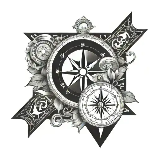 A tattoo design combining elements of your family, money, and goals, symbolized by a compass pointing towards success, surrounded by a staircase leading to new heights tattoo design idea