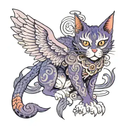 evil demon purple kitty with third eye and bets wings, full body tattoo design idea