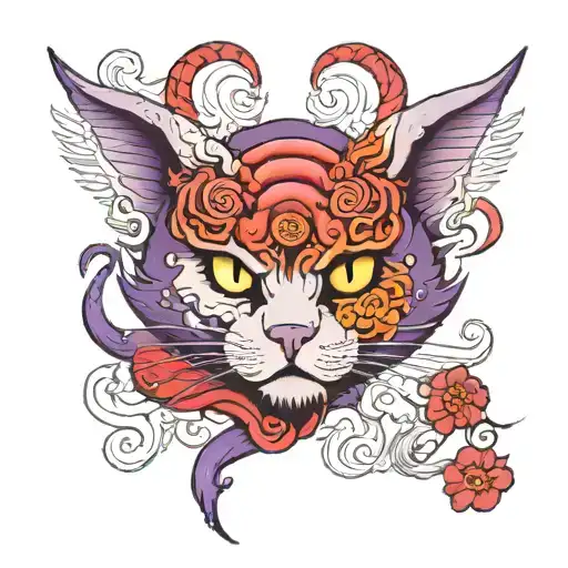 evil demon purple kitty with third eye and bets wings  tattoo design idea