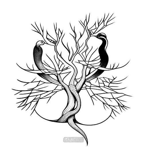 m c escher style of tree and interlocking crane birds minimalist black and white with kitsune tattoo design idea
