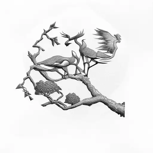 m c escher style of tree and interlocking crane birds minimalist black and white with kitsune tattoo design idea
