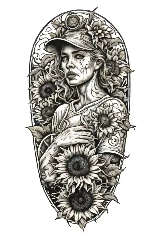 softball pitcher, wrapped in sunflowers, with a sun tattoo design idea