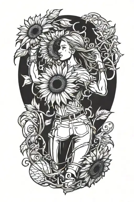 Softball pitcher wind-up motion intertwined with sunflower stems and leaves tattoo design idea