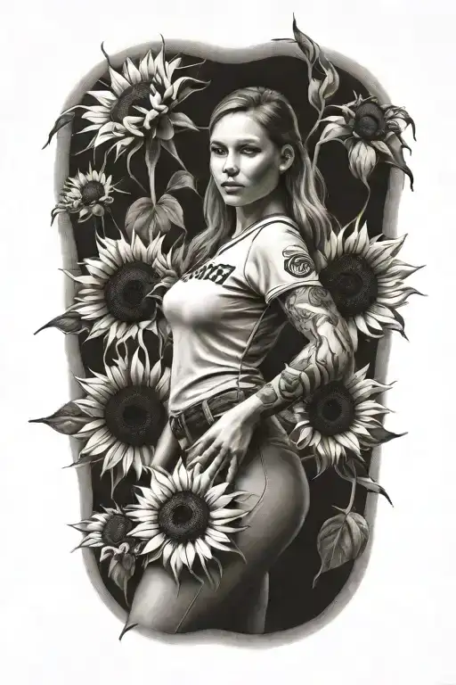 softball pitcher wrapped in sunflower blooming tattoo design idea