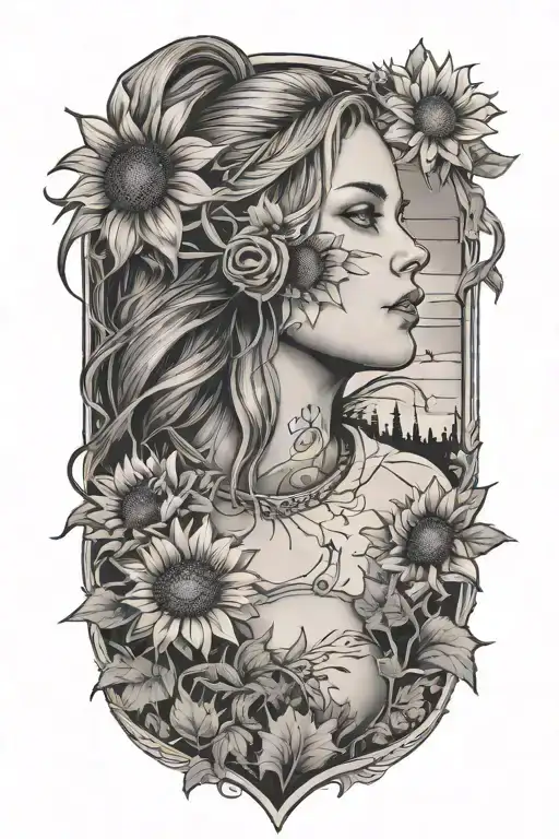 softball player, softball fence, and sunflower field tattoo design idea