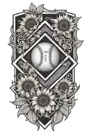 softball home plate, softball pitcher, sunflower surrounded tattoo design idea