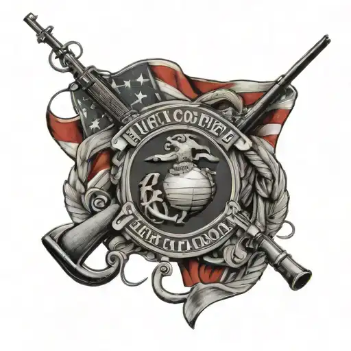 A black-grey tattoo of a Marine corps emblem surrounded by hunting and fishing gear, all framed by the American flag tattoo design idea