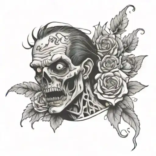 zombie and flowers tattoo design idea