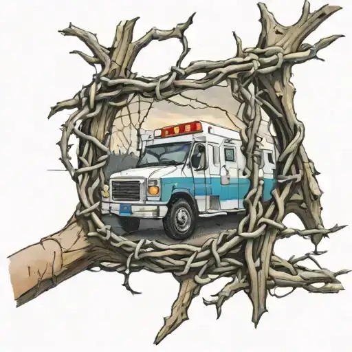 person trapped in barbed wire with ambulance in background  tattoo design idea